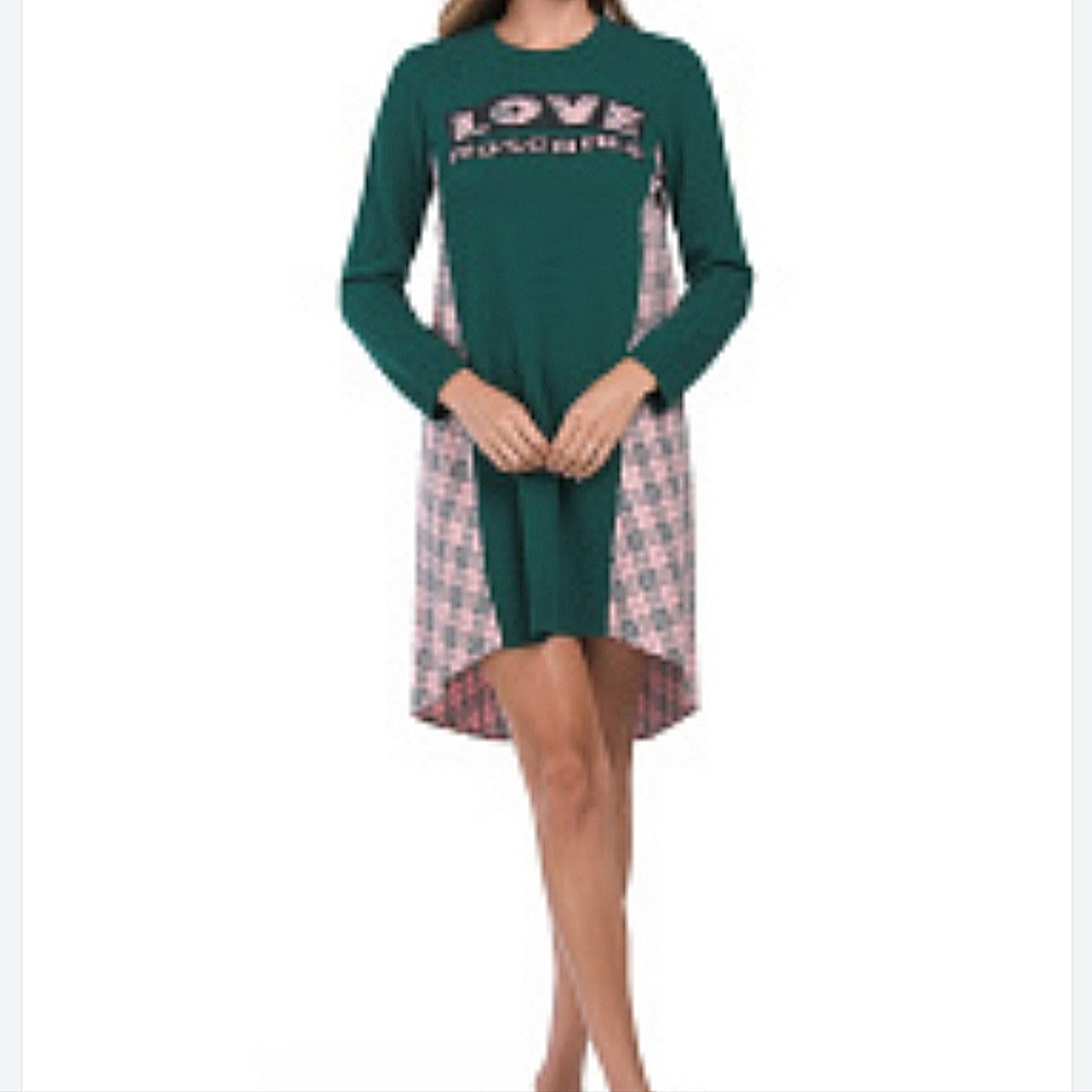 NWT new Love Moschino green knit sweater high low dress Christmas gingham dress